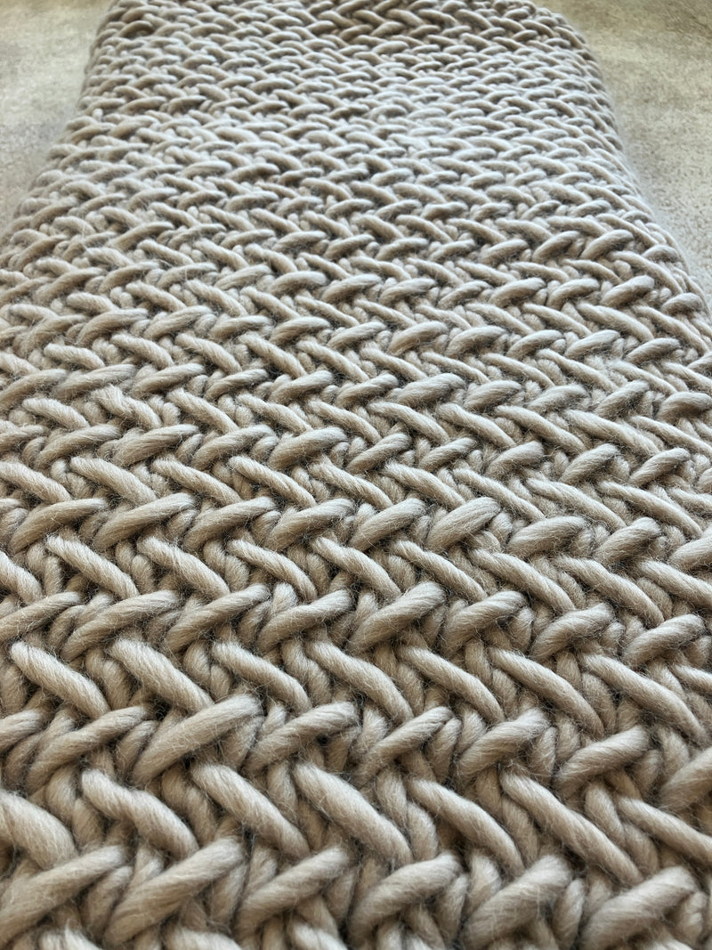 100% Peruvian Wool Hand Knitted Heirloom Blanket - Wool And The Gang Crazy Sexy Wool in Sandtrooper Beige - 2000grams - W:50/52" X L:73/75"