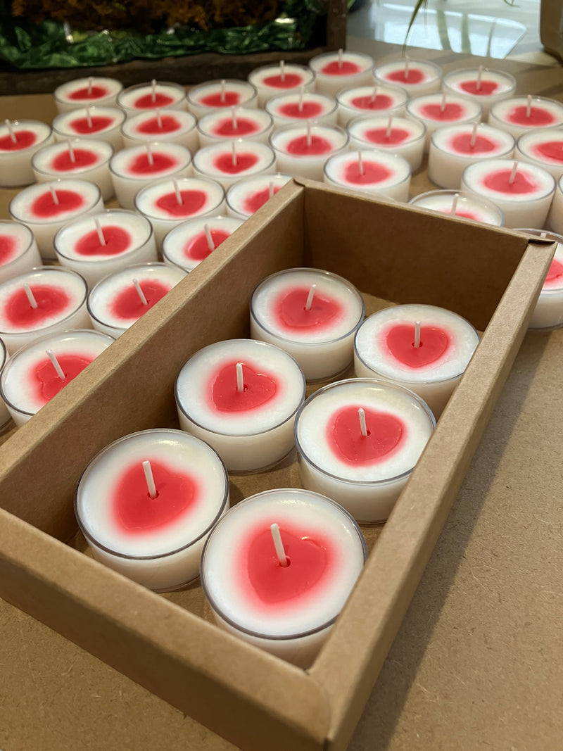6 Tea Light Valentine Heart Soy Candles - Rose Scented - Natural Soy Wax - Pure Cotton Wick - Valentine Gift