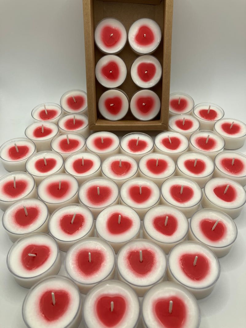 6 Tea Light Valentine Heart Soy Candles - Rose Scented - Natural Soy Wax - Pure Cotton Wick - Valentine Gift