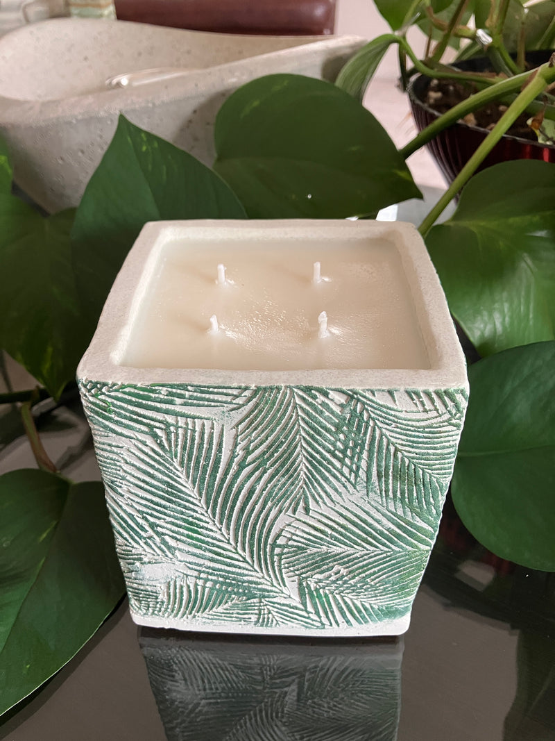 .Fern Natural Clean Soy Wax 4 Wick Candle Scented Cactus Flower & Jade - 24 fluid oz - Hand Made - Pure Cotton Wicks - Metallic Green Hand Painted - White Concrete Square Vessel
