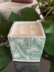 .Fern Natural Clean Soy Wax 4 Wick Candle Scented Cactus Flower & Jade - 24 fluid oz - Hand Made - Pure Cotton Wicks - Metallic Green Hand Painted - White Concrete Square Vessel