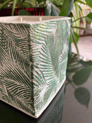 .Fern Natural Clean Soy Wax 4 Wick Candle Scented Cactus Flower & Jade - 24 fluid oz - Hand Made - Pure Cotton Wicks - Metallic Green Hand Painted - White Concrete Square Vessel