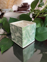 .Fern Natural Clean Soy Wax 4 Wick Candle Scented Cactus Flower & Jade - 24 fluid oz - Hand Made - Pure Cotton Wicks - Metallic Green Hand Painted - White Concrete Square Vessel