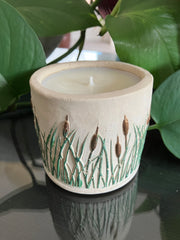 Cattail Reeds Natural Clean Soy Wax Candle Scented Redwood & Moss - 7 fluid oz - Hand Made - Pure Cotton Wick - Metallic Green Hand Painted