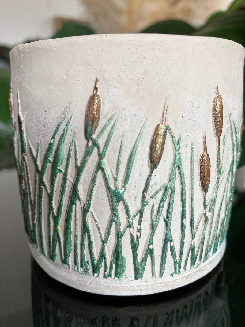 Cattail Reeds Natural Clean Soy Wax Candle Scented Redwood & Moss - 7 fluid oz - Hand Made - Pure Cotton Wick - Metallic Green Hand Painted