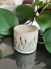 Cattail Reeds Natural Clean Soy Wax Candle Scented Redwood & Moss - 7 fluid oz - Hand Made - Pure Cotton Wick - Metallic Green Hand Painted