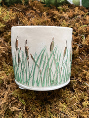 Cattail Reeds Natural Clean Soy Wax Candle Scented Redwood & Moss - 7 fluid oz - Hand Made - Pure Cotton Wick - Metallic Green Hand Painted