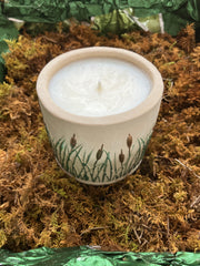 Cattail Reeds Natural Clean Soy Wax Candle Scented Redwood & Moss - 7 fluid oz - Hand Made - Pure Cotton Wick - Metallic Green Hand Painted