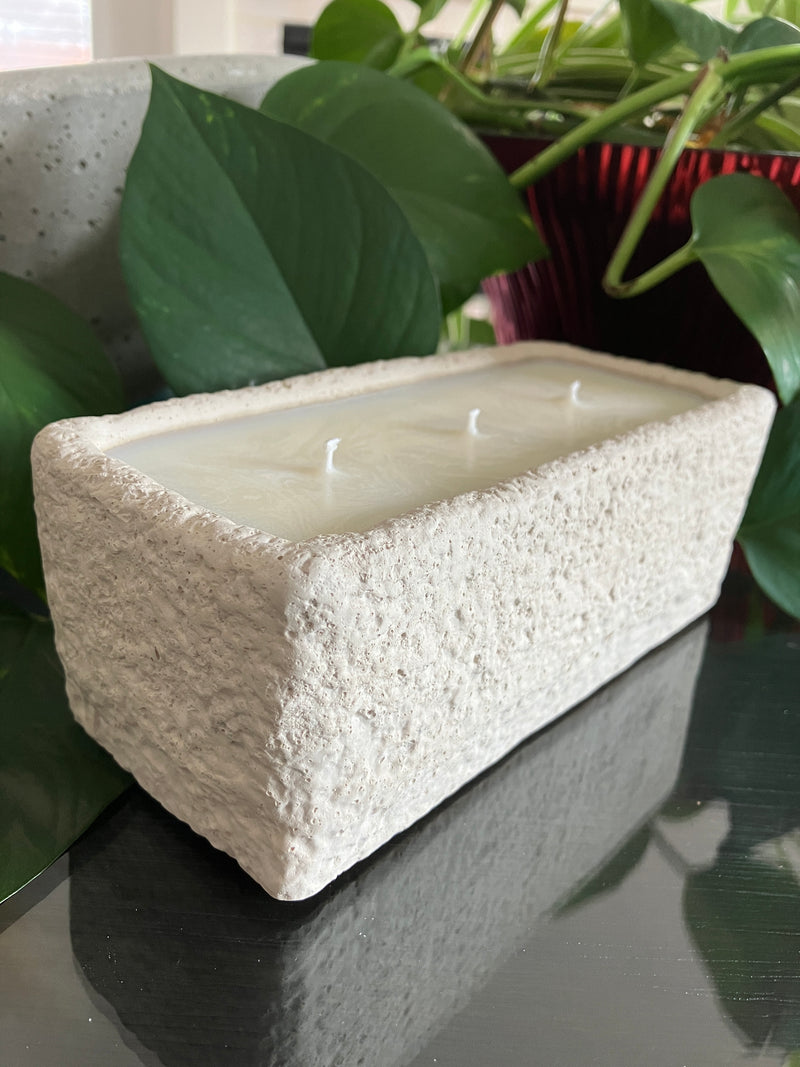 Moon Rock Beige Rustic Natural Clean Soy Wax Candle Scented Redwood & Moss - 15 fluid oz - Hand Made - 3 Pure Cotton Wicks