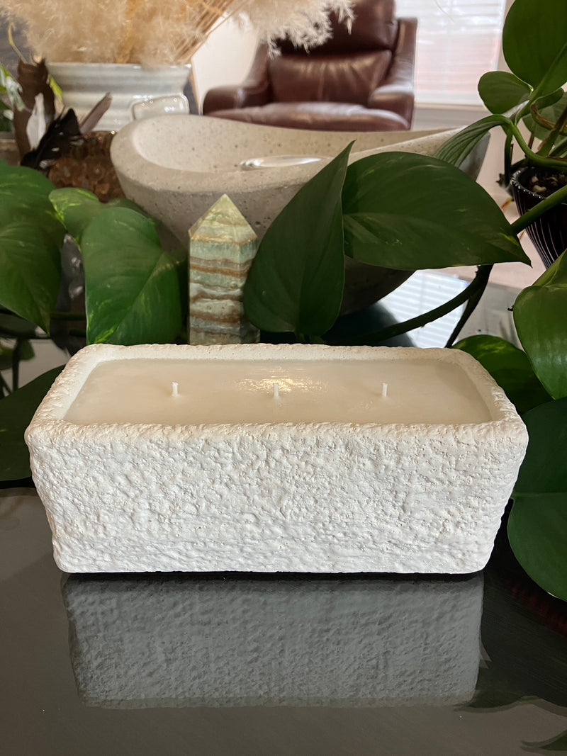 . Moon Rock White Rustic Natural Clean Soy Wax Candle - Scented Redwood & Moss - 15 fluid oz - Hand Made - 3 Pure Cotton Wicks
