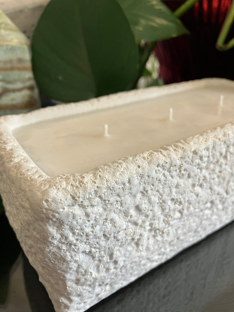. Moon Rock White Rustic Natural Clean Soy Wax Candle - Scented Redwood & Moss - 15 fluid oz - Hand Made - 3 Pure Cotton Wicks