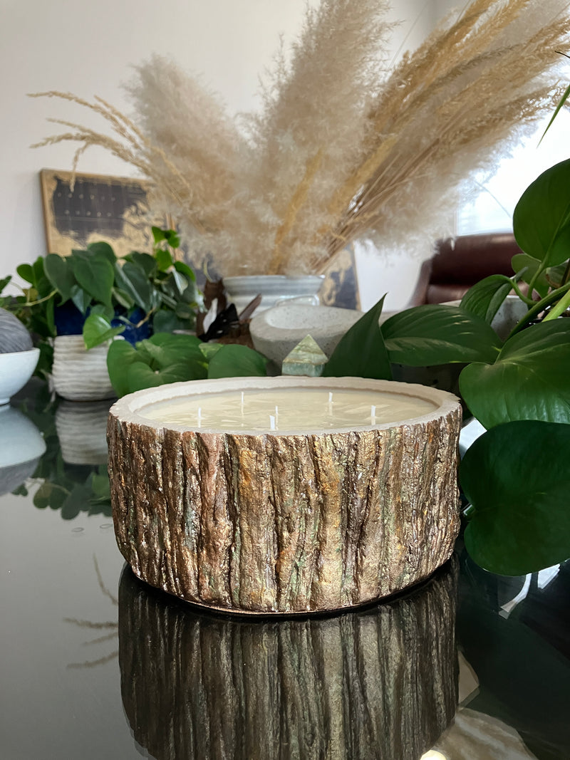 . Tree Bark - Tree Stump - Hand Painted Large Rustic Natural Clean Soy Wax Candle - Scented Redwood & Moss - 55 fluid oz - Hand Made - 5 Pure Cotton Wicks