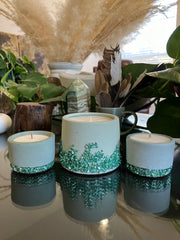 2 Large Unscented Tea Lights & 1 Rustic Jasmin Scented Candle - Set of 3 Natural Soy Candles - Sage Green Pot with Mint Green Glass