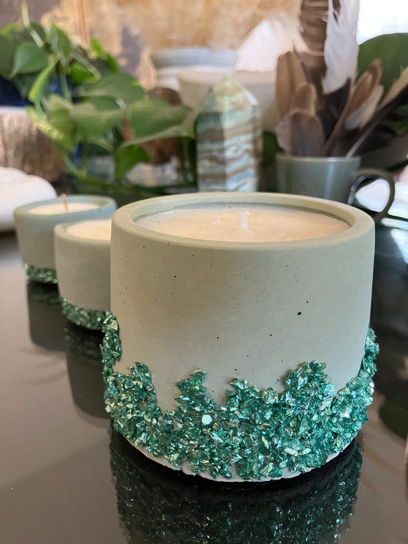 2 Large Unscented Tea Lights & 1 Rustic Jasmin Scented Candle - Set of 3 Natural Soy Candles - Sage Green Pot with Mint Green Glass