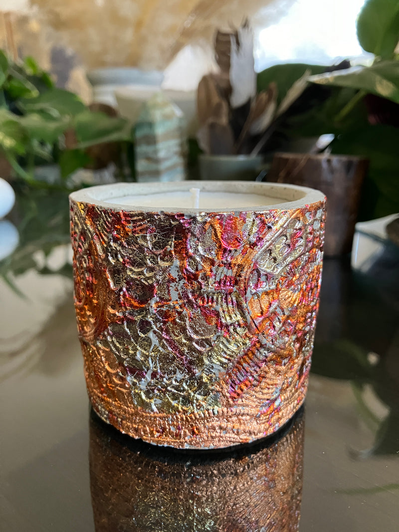 . 6 Ounce Fossil Pot in Multicolor Metallic Foil - Fresh Linen Scented - Handmade 100% Natural Soy Candle
