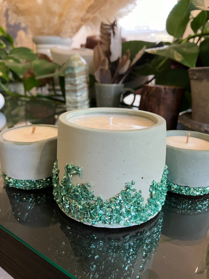 2 Large Unscented Tea Lights & 1 Rustic Jasmin Scented Candle - Set of 3 Natural Soy Candles - Sage Green Pot with Mint Green Glass
