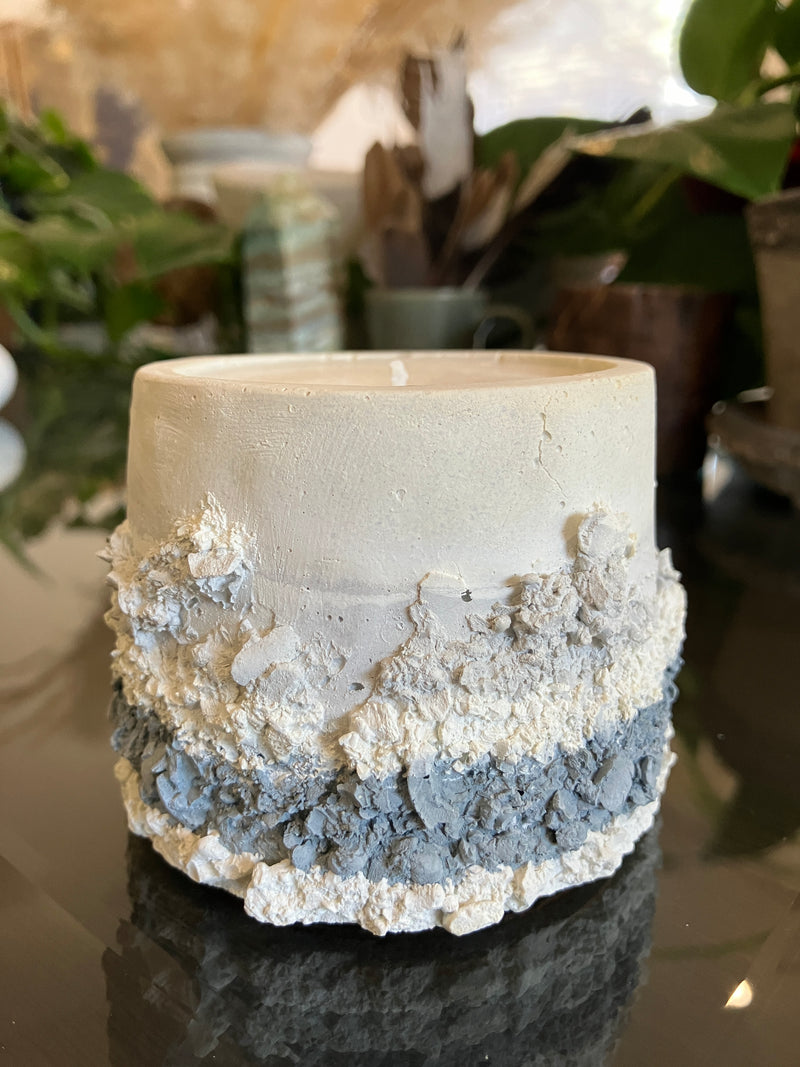 Rustic White, Blue & Grey Natural Soy Candle - Earthy Palo Santo & Sandalwood Scented 5 oz Candle - Clean Scent Certified