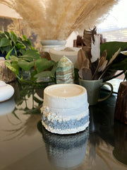Rustic White, Blue & Grey Natural Soy Candle - Earthy Palo Santo & Sandalwood Scented 5 oz Candle - Clean Scent Certified