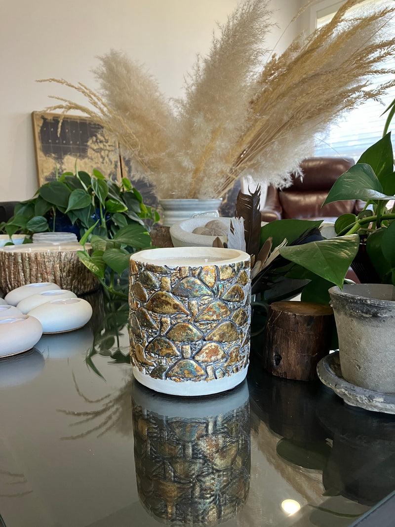 . Metallic Mushroom Nag Champa Soy Candle Pot - Large Rustic Natural Clean Soy Wax Candle - Scented Nag Champa - 40 fluid oz - Hand Made - 3 Pure Cotton Wicks