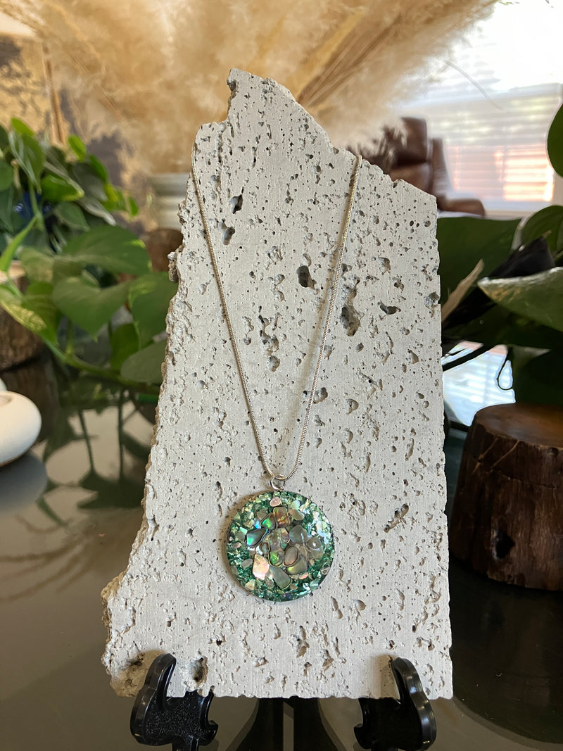 . Abalone Shell & Crushed Glass Jewelry - Handmade Necklace and Earrings 925 Sterling Silver Plated