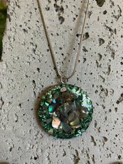 . Abalone Shell & Crushed Glass Jewelry - Handmade Necklace and Earrings 925 Sterling Silver Plated