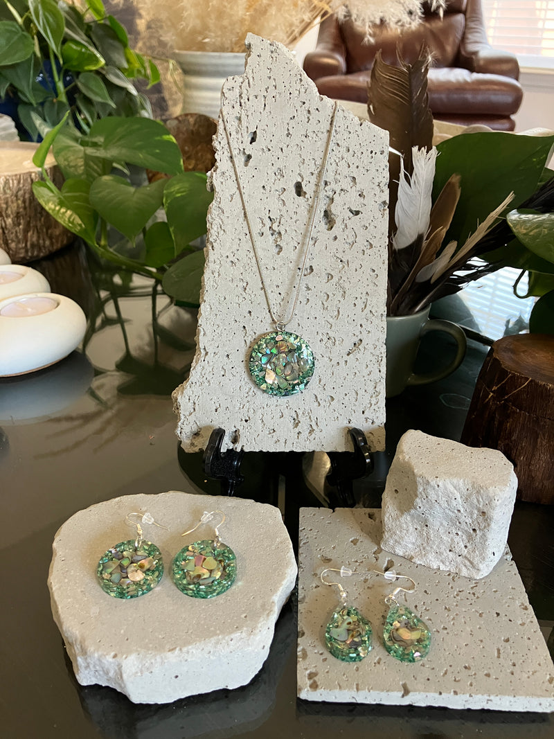 . Abalone Shell & Crushed Glass Jewelry - Handmade Necklace and Earrings 925 Sterling Silver Plated