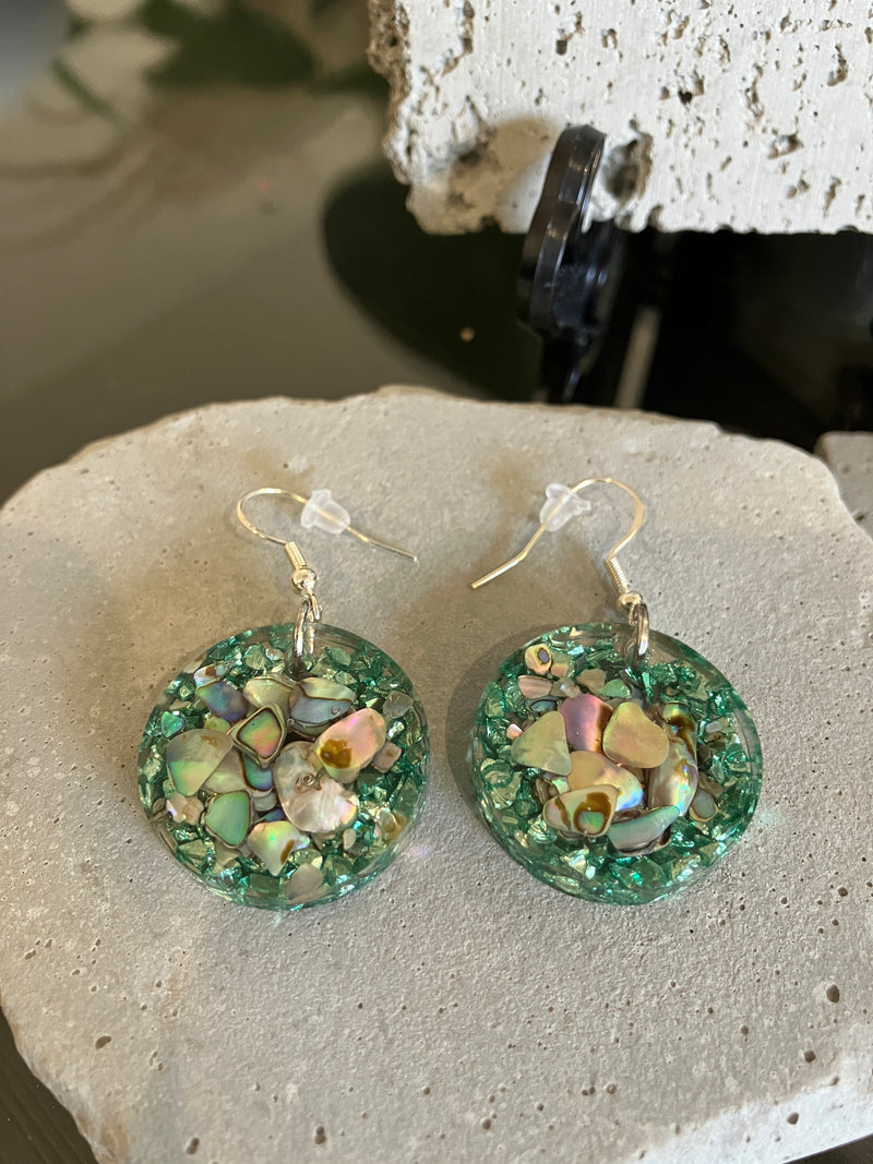 . Abalone Shell & Crushed Glass Jewelry - Handmade Necklace and Earrings 925 Sterling Silver Plated