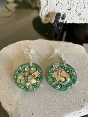 . Abalone Shell & Crushed Glass Jewelry - Handmade Necklace and Earrings 925 Sterling Silver Plated
