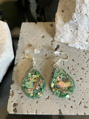 . Abalone Shell & Crushed Glass Jewelry - Handmade Necklace and Earrings 925 Sterling Silver Plated