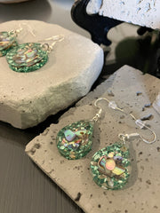 . Abalone Shell & Crushed Glass Jewelry - Handmade Necklace and Earrings 925 Sterling Silver Plated