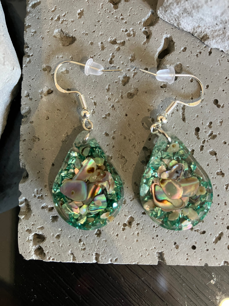 . Abalone Shell & Crushed Glass Jewelry - Handmade Necklace and Earrings 925 Sterling Silver Plated