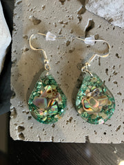 . Abalone Shell & Crushed Glass Jewelry - Handmade Necklace and Earrings 925 Sterling Silver Plated