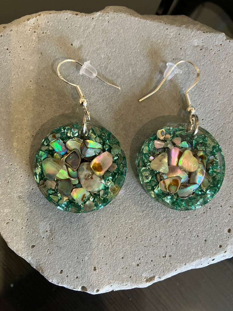 . Abalone Shell & Crushed Glass Jewelry - Handmade Necklace and Earrings 925 Sterling Silver Plated