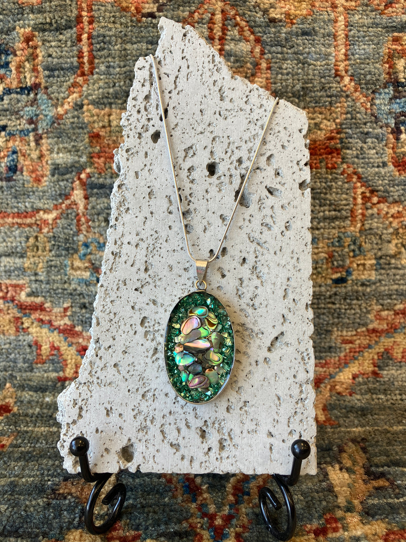 . Abalone Shell & Crushed Glass Oval Necklace - Handmade - 10 inch Drop - 925 Sterling Silver Plated Chain