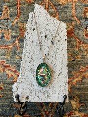 . Abalone Shell & Crushed Glass Oval Necklace - Handmade - 10 inch Drop - 925 Sterling Silver Plated Chain