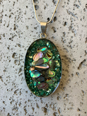 . Abalone Shell & Crushed Glass Oval Necklace - Handmade - 10 inch Drop - 925 Sterling Silver Plated Chain