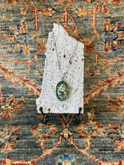 . Abalone Shell & Crushed Glass Oval Necklace - Handmade - 10 inch Drop - 925 Sterling Silver Plated Chain