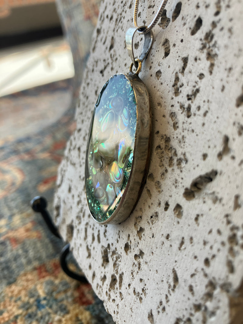 . Abalone Shell & Crushed Glass Oval Necklace - Handmade - 10 inch Drop - 925 Sterling Silver Plated Chain