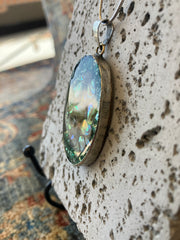 . Abalone Shell & Crushed Glass Oval Necklace - Handmade - 10 inch Drop - 925 Sterling Silver Plated Chain