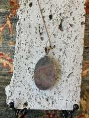 . Abalone Shell & Crushed Glass Oval Necklace - Handmade - 10 inch Drop - 925 Sterling Silver Plated Chain