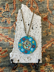 . Abalone Shell & Crushed Glass in Hand Painted Wood Necklace - Handmade - 14 inch Drop - Steel Chain