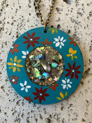 . Abalone Shell & Crushed Glass in Hand Painted Wood Necklace - Handmade - 14 inch Drop - Steel Chain