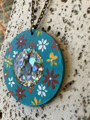 . Abalone Shell & Crushed Glass in Hand Painted Wood Necklace - Handmade - 14 inch Drop - Steel Chain