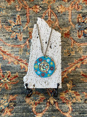 . Abalone Shell & Crushed Glass in Hand Painted Wood Necklace - Handmade - 14 inch Drop - Steel Chain