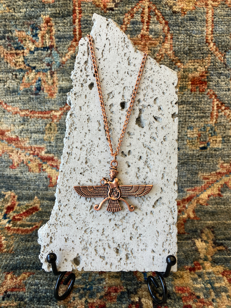. Faravahar Zoroastrianism Metal Copper Effect Necklace - Handmade - 10 inch Drop - Steel Plated Chain