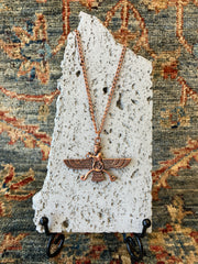 . Faravahar Zoroastrianism Metal Copper Effect Necklace - Handmade - 10 inch Drop - Steel Plated Chain