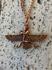 . Faravahar Zoroastrianism Metal Copper Effect Necklace - Handmade - 10 inch Drop - Steel Plated Chain