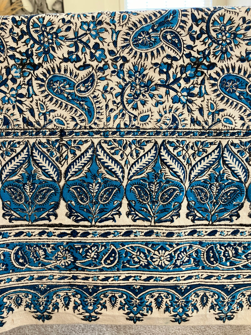 . Hand Printed Cotton Table Cloth with Natural Plant Dyes in Blue & White - Paisley Floral Pattern