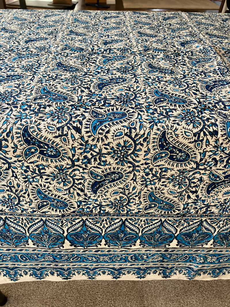 . Hand Printed Cotton Table Cloth with Natural Plant Dyes in Blue & White - Paisley Floral Pattern