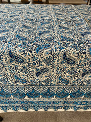 . Hand Printed Cotton Table Cloth with Natural Plant Dyes in Blue & White - Paisley Floral Pattern